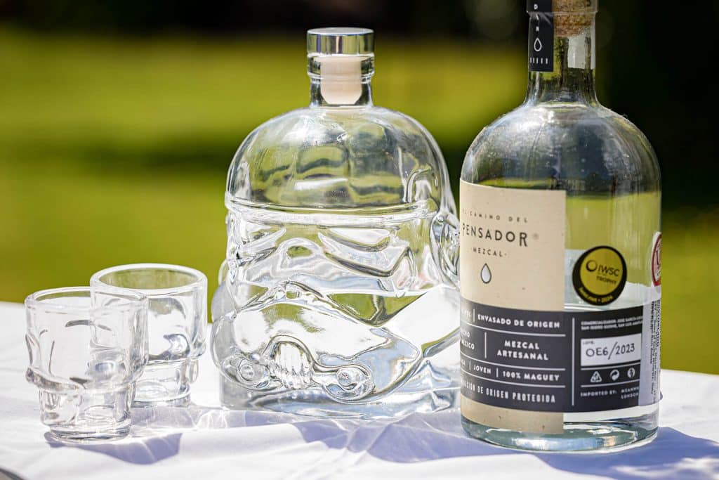 Mezcal bottle and shot glasses. stormtrooper decanter. star wars wedding