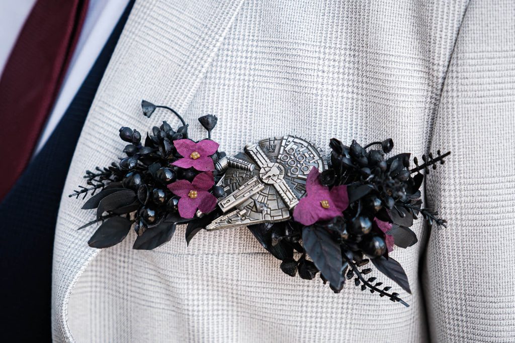 Floral brooch with Millennium Falcon design