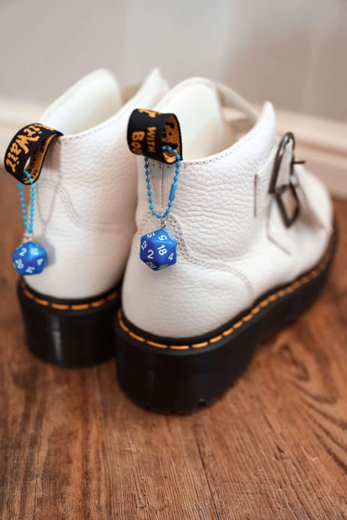 Miranda the Celebrant | Hampshire Ceremonies White Dr Marten boots with blue dice charms